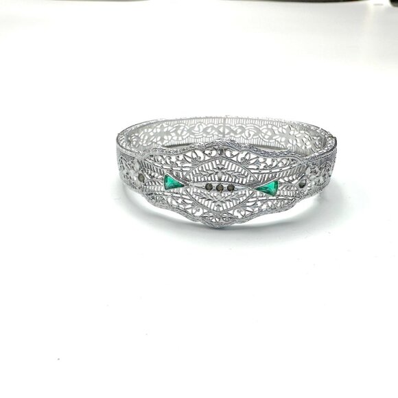 Vintage Art Deco Filigree Cuff Bracelet with Green & Black Glass Accents — EUC - Picture 1 of 5